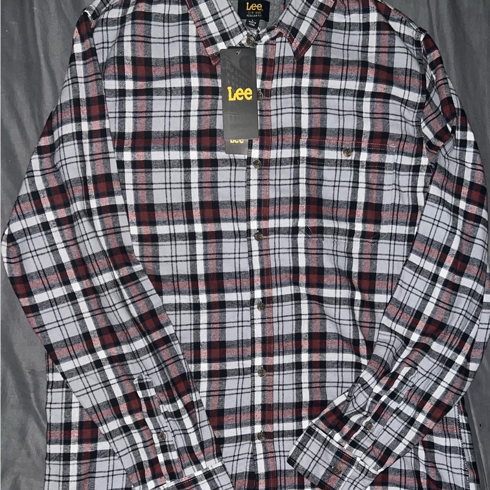 Lee Men’s Red, Black and White Plaid Button-Down Shirt